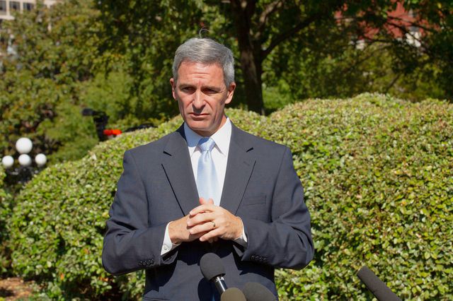 Ken Cuccinelli, Acting Director of the United States Citizenship and Immigration Services Offices, speaks to the press following a television interview at the White House.